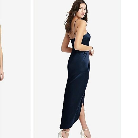 After Six Stretch Charmeuse Halter Draped Midi Dress Midnight Navy Blue Size 8 - Picture 3 of 15